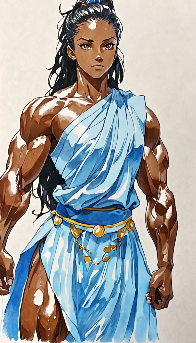 Ebony Bodybuilder in Toga: Retro Anime Portrait