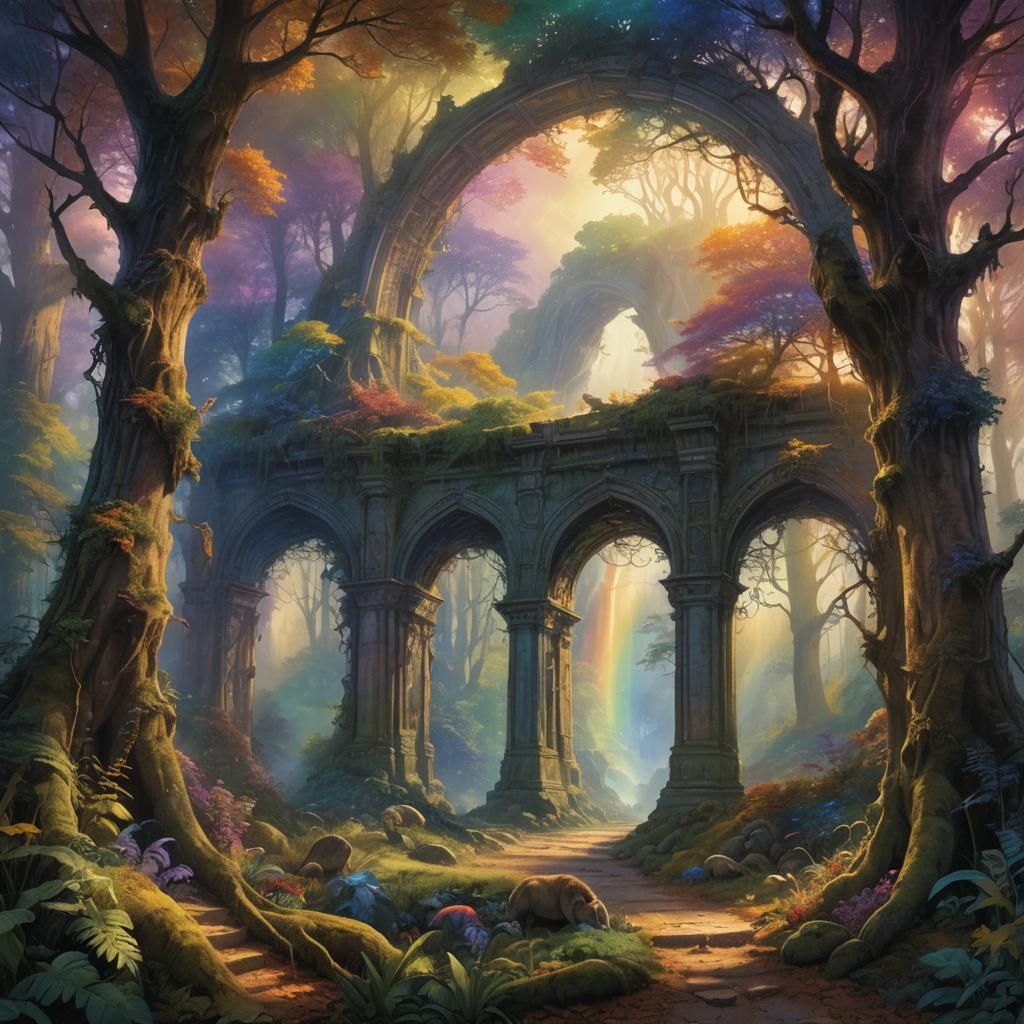 Rainbow Archway at Forest Edge: Digital Matte Painting