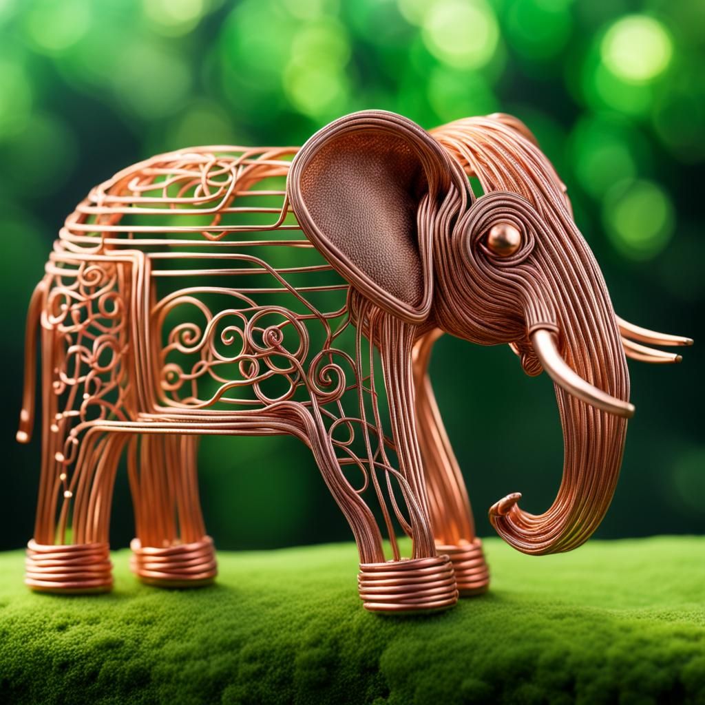 Intricate Copper Wire Elephant Sculpture in Metallic Landsca...