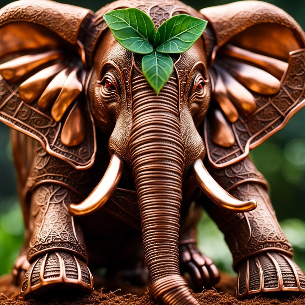 Intricate Copper Wire Elephant Sculpture in Strong Light