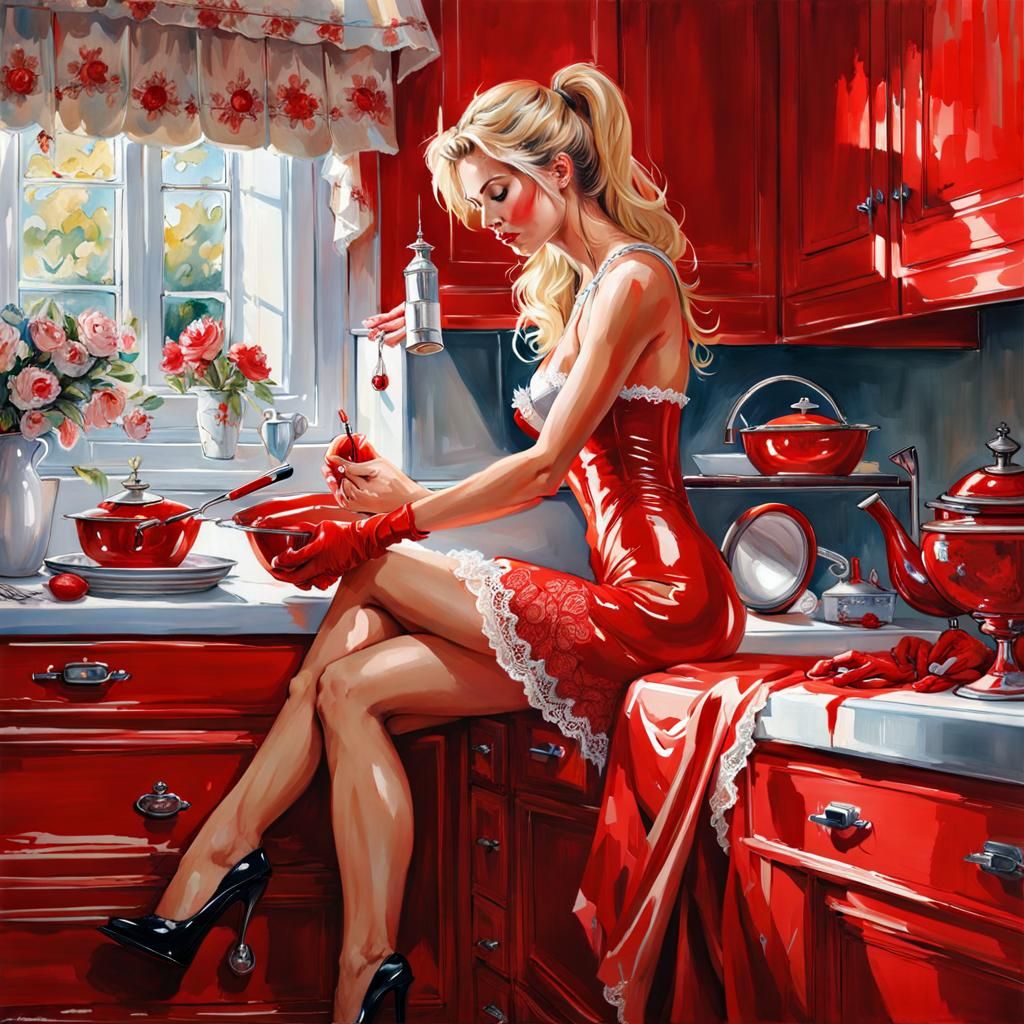 French Girl Prepares Cream in Kitchen, Splash Art Style