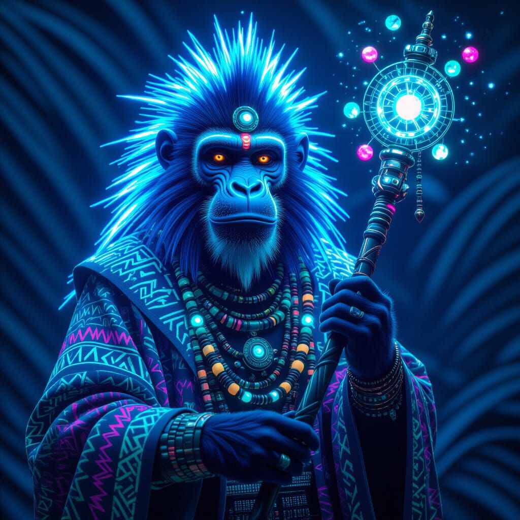 Holographic Mandrill Shaman with Glowing Tribal Markings