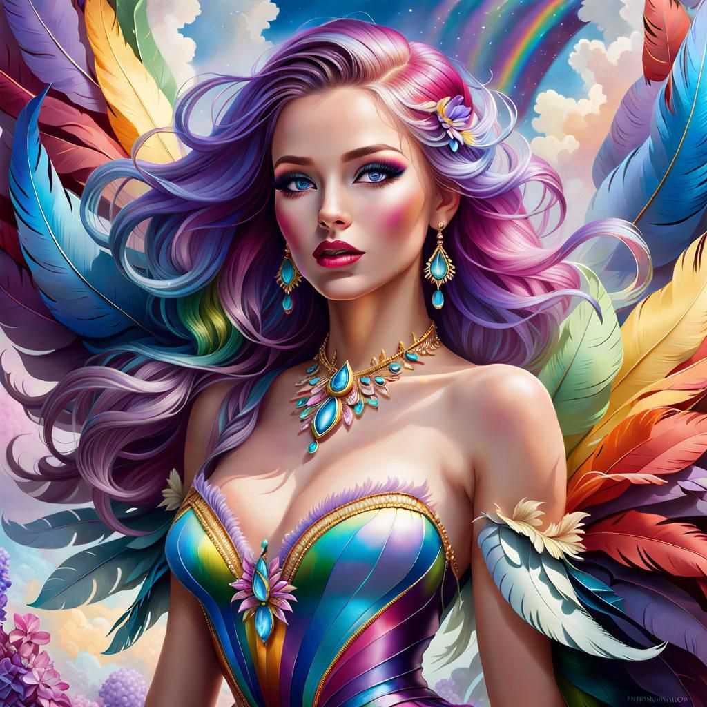 Ethereal Woman with Rainbow Hair in Hyperrealistic Style