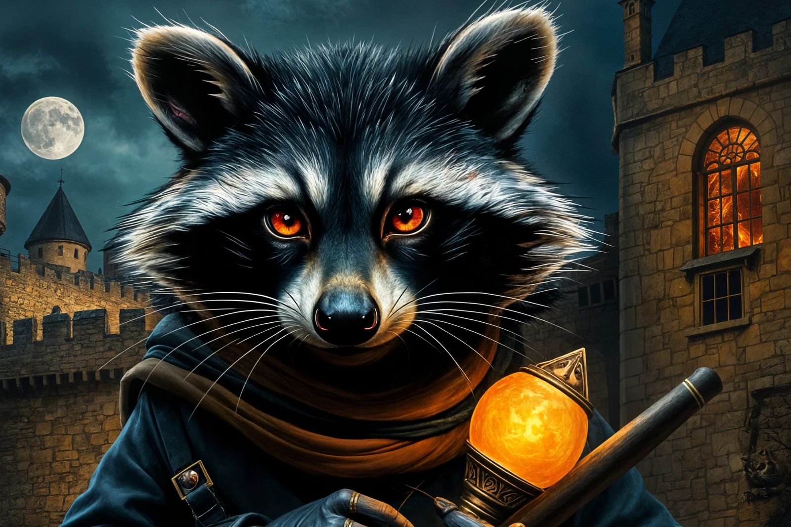 Midnight Watchman Raccoon in Medieval Town
