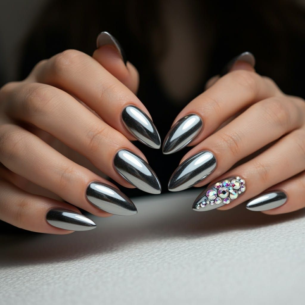 Elegant Silver Chrome Nail Art with Gem Accents