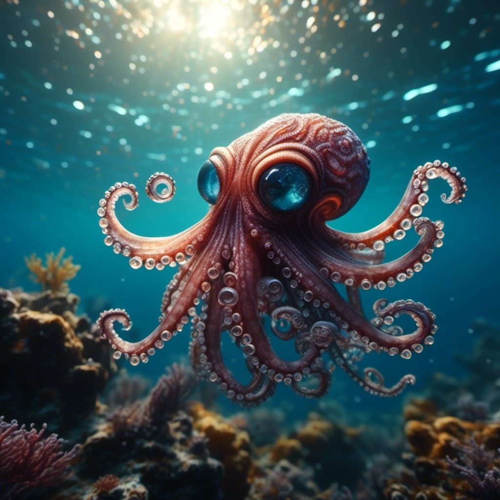 Cute Bioluminescent Octopus in Coral Reef