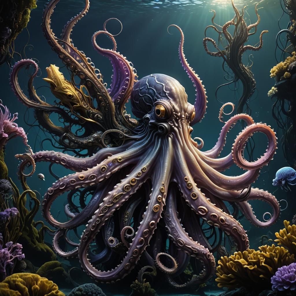 Hybrid Octopus-Fish Creature in Sea: Matte Painting