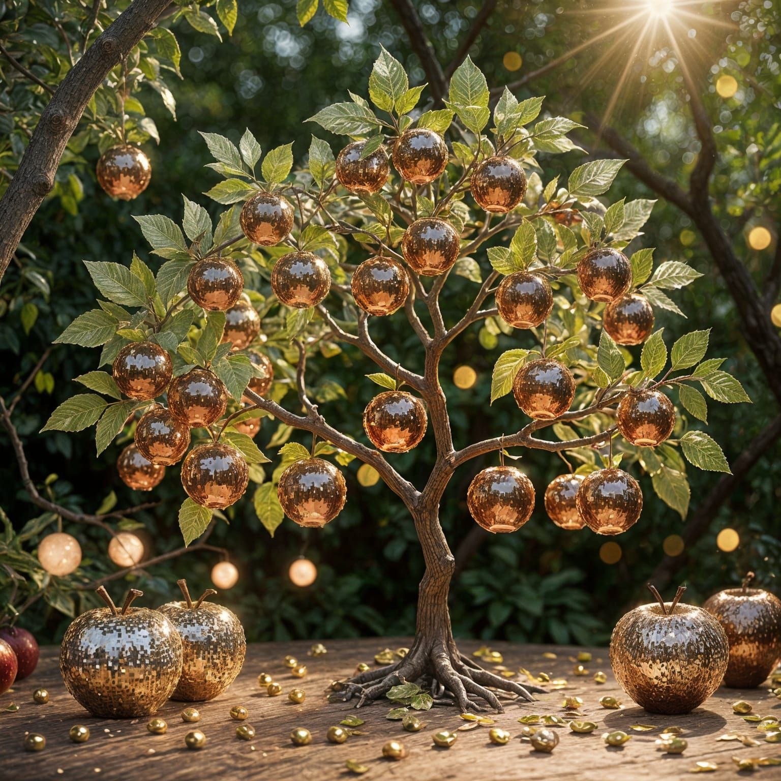 Sparkling Sequin Apple Tree in Cinematic Lighting