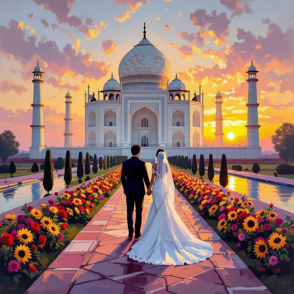 Newlywed Couple at Taj Mahal at Sunset Oil Painting