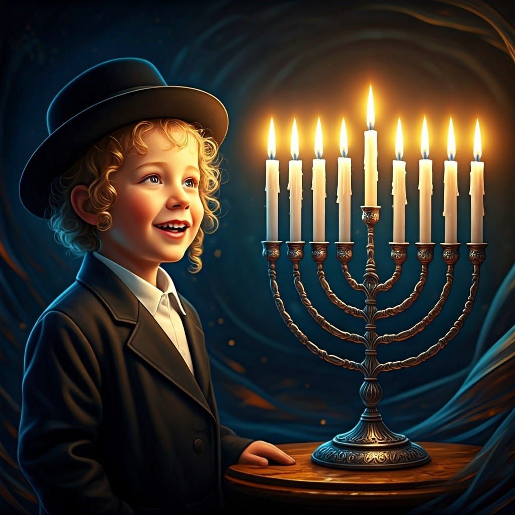 A blond Hasidic Jewish boy with a hat and sidelocks stands and looks at the candles of a Hanukkah