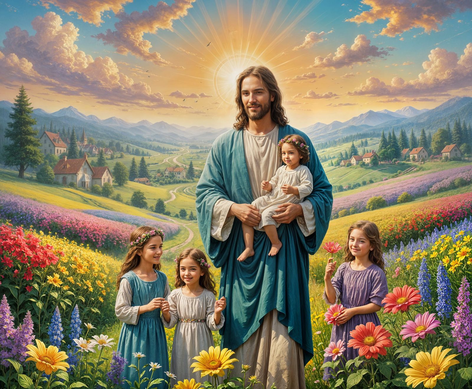 Jesus with Family in Flower Field: Hyperrealistic Painting