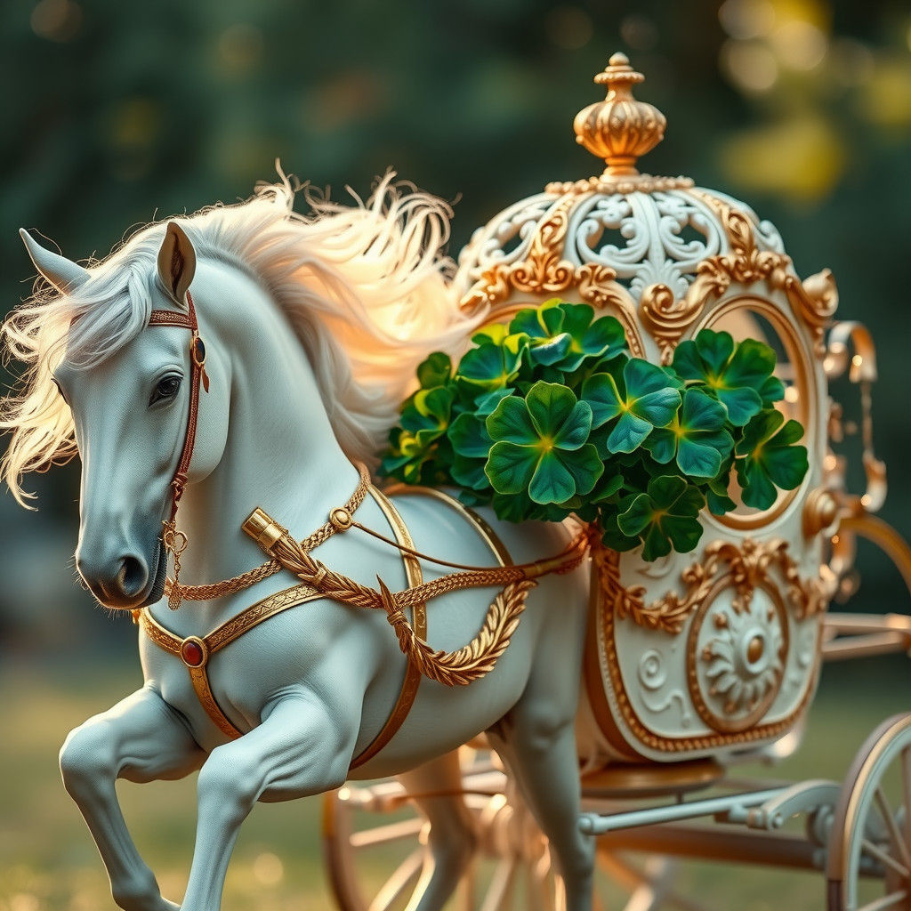 Ethereal White Horse Drawn Chariot with Clovers