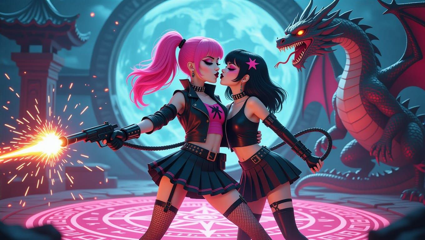 Goth Schoolgirl Superhero with Dragon Summoning Circle