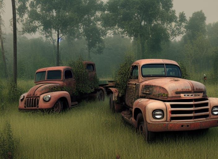 Post-Apocalyptic Truck Graveyard in Hyperrealistic Style