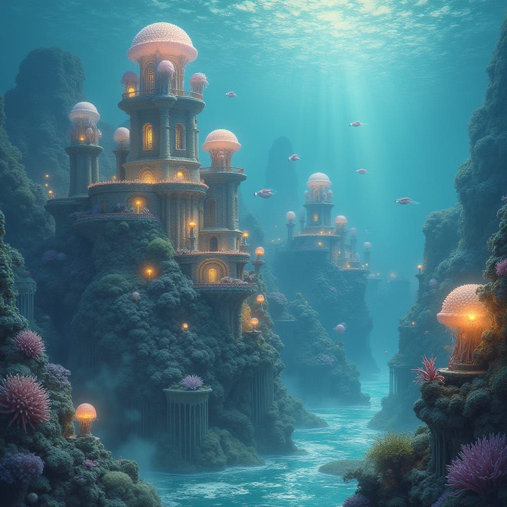 Ethereal Mermaid City with Coral Towers in Watercolor