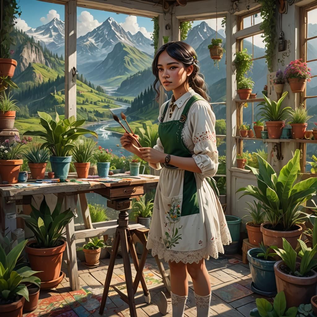 Young Artist Painting in Bohemian Art Room