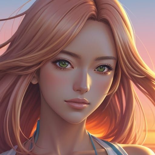 Anime Woman in Bikini on Sunset Hill