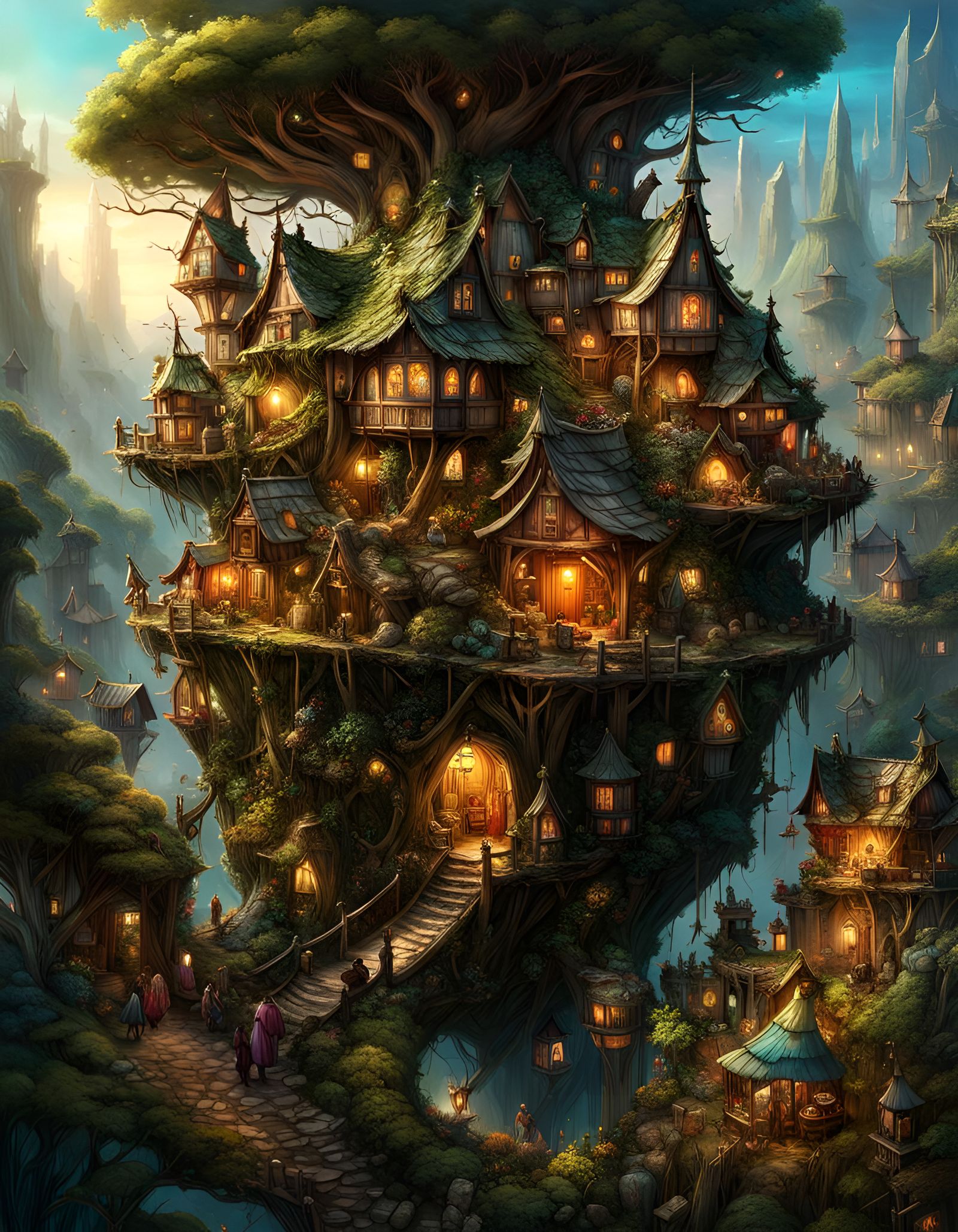 Intricate Faerie Village Inside Giant Nest, Fantasycore Art