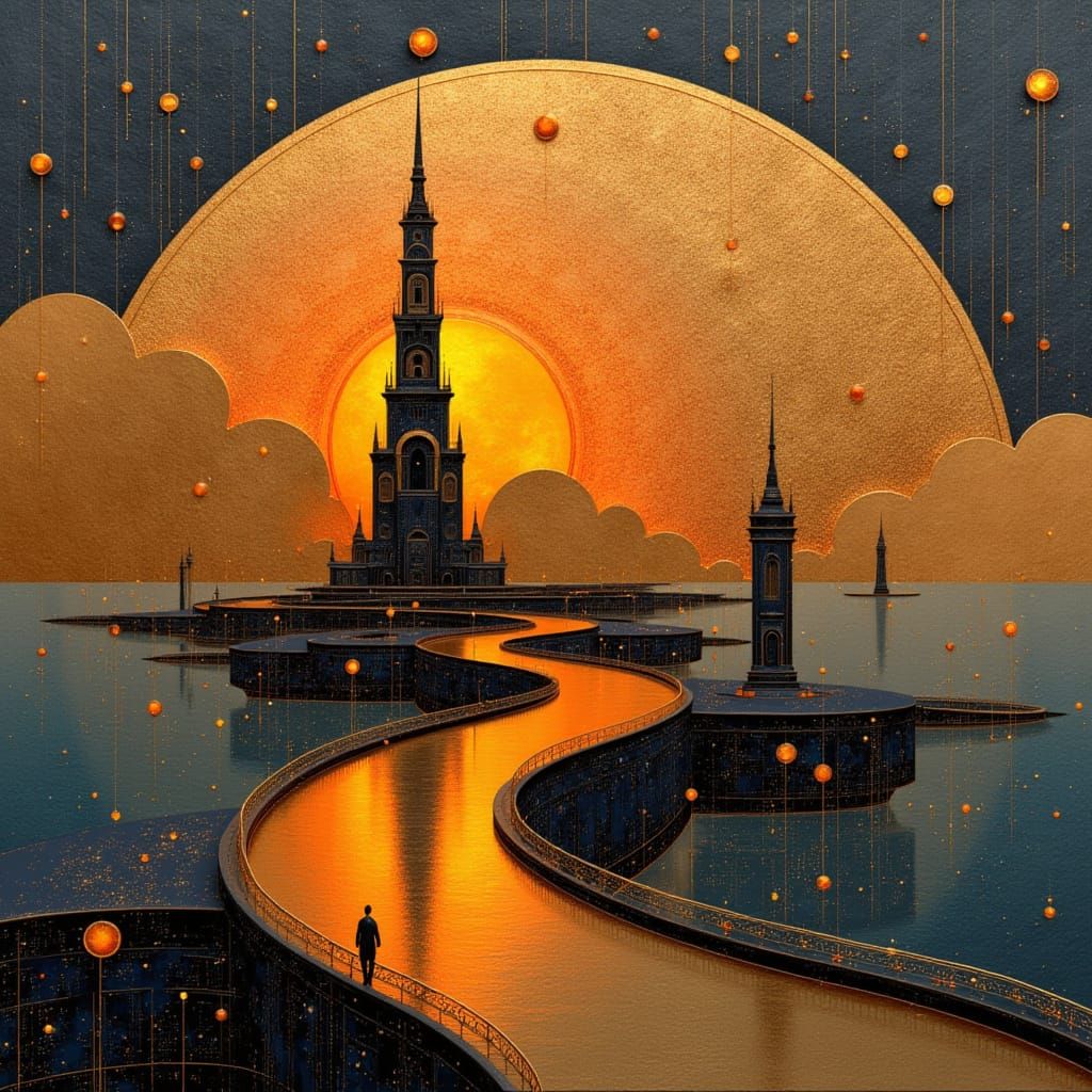 Neo-Gothic Tower Sunset with Floating Islands