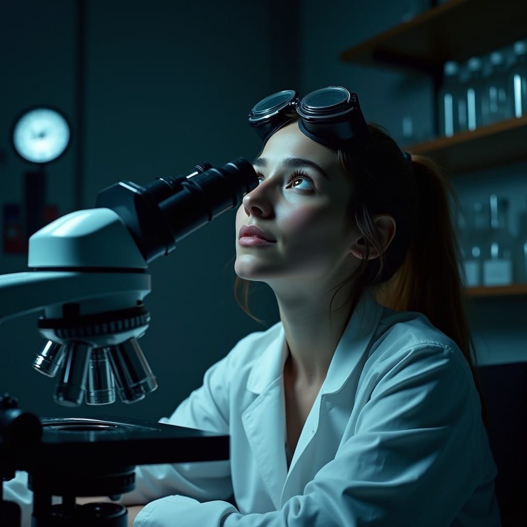 Young Scientist Illuminated by Stereo Microscope in Darkened...