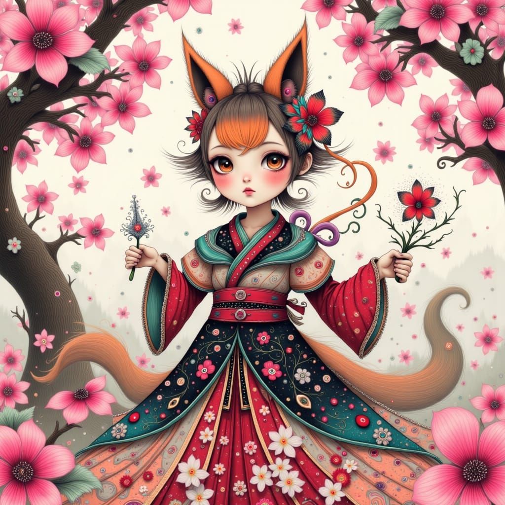 Kitsune Trickster God in Japanese Art Style