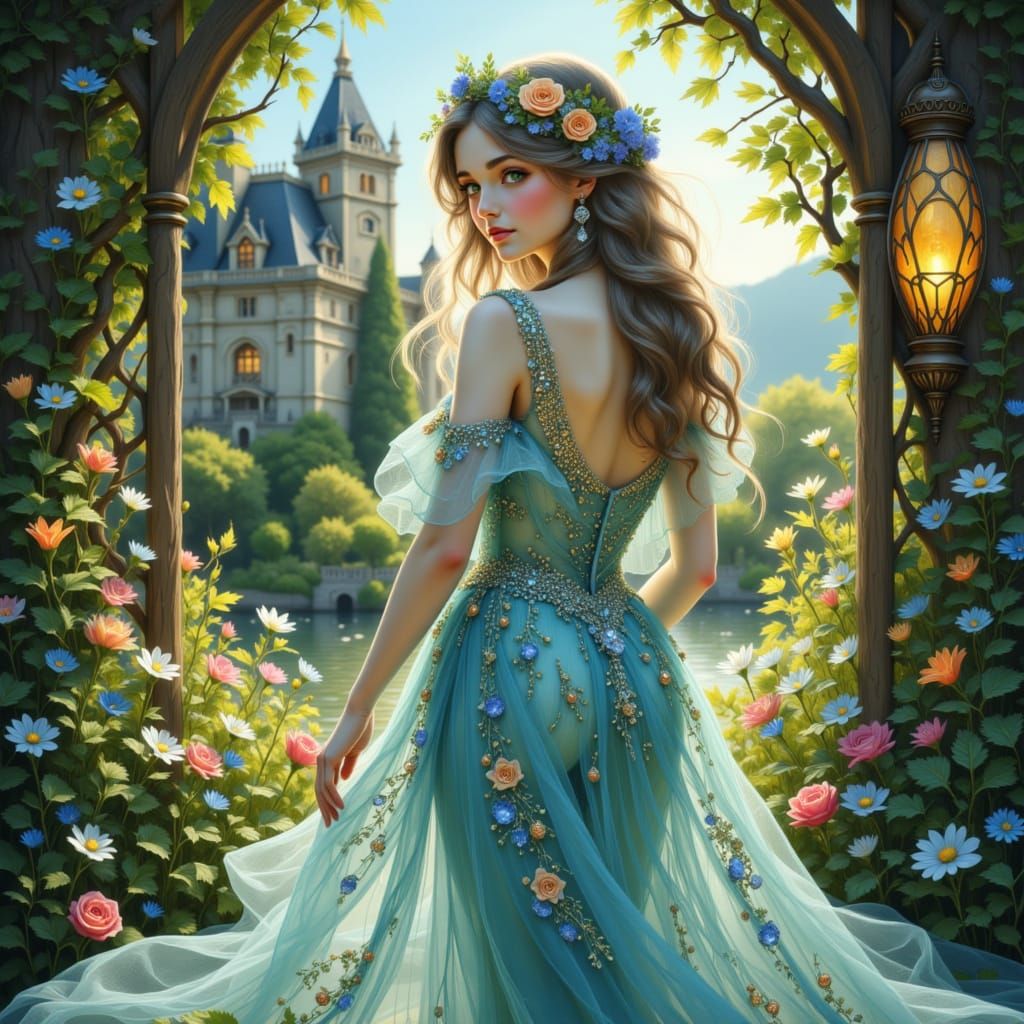 Fairytale Princess in Glass Dress in Dreamlike Courtyard