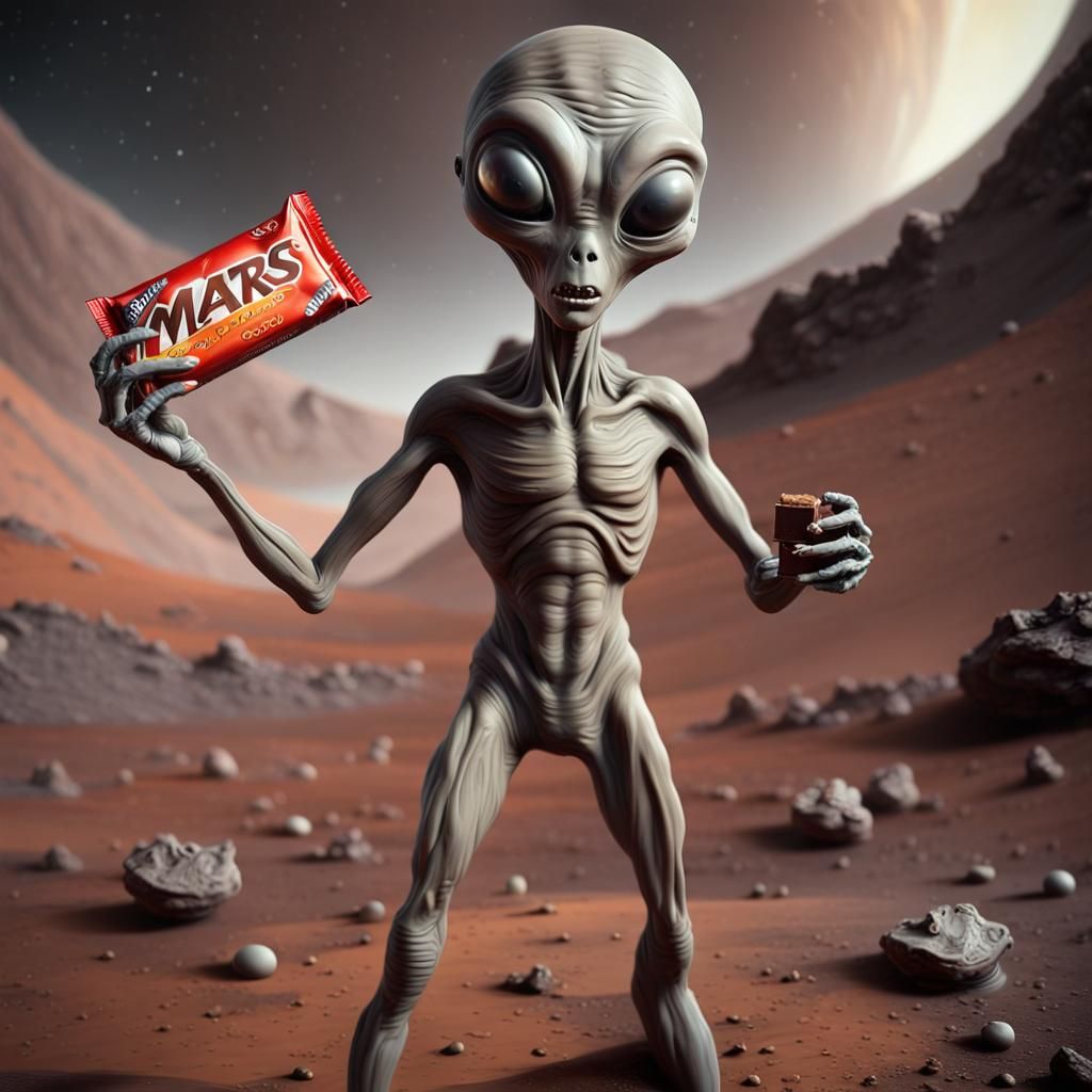An alien grey eating a chocolate bar on Mars..,