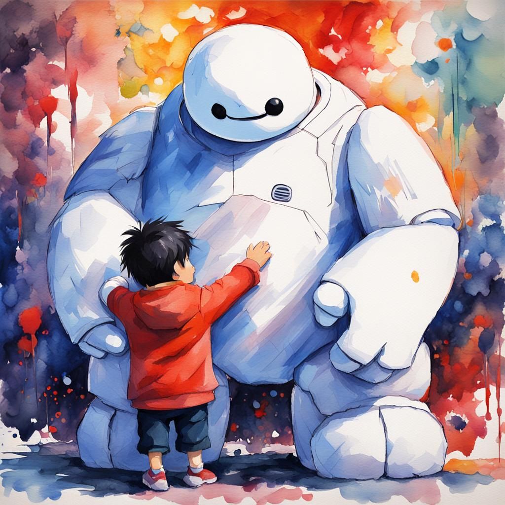 Hiro and Baymax Hugging as Gouache Watercolor