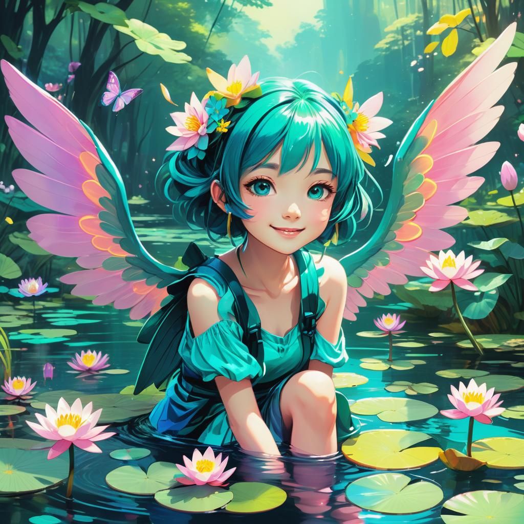 Neon Pixies in Enchanted Forest: Anime Style