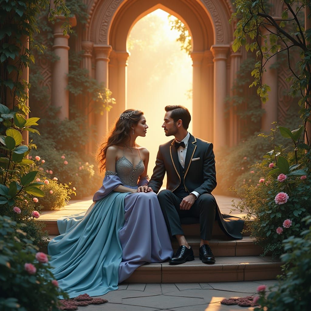 Elegant Couple in Lush Fantasy Environment