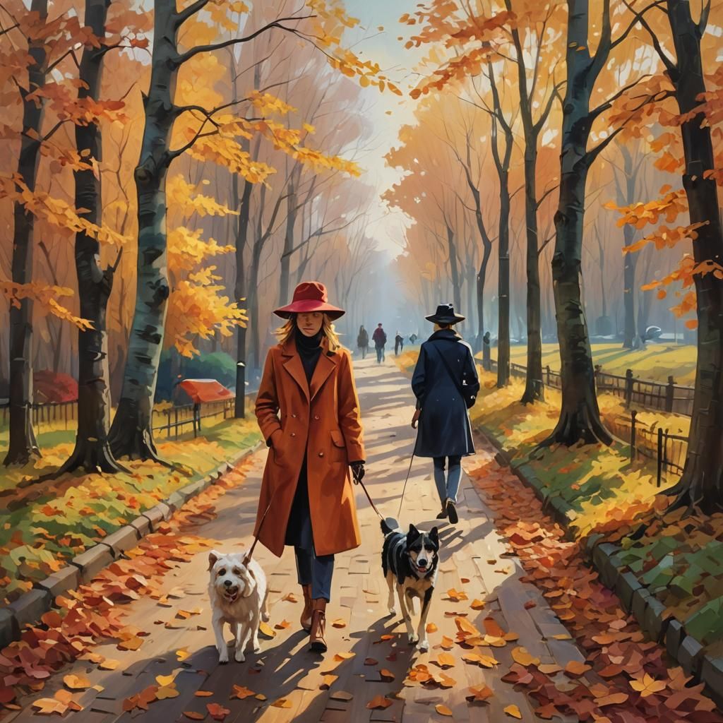 Woman and Dog on Autumn Path: Oil Painting