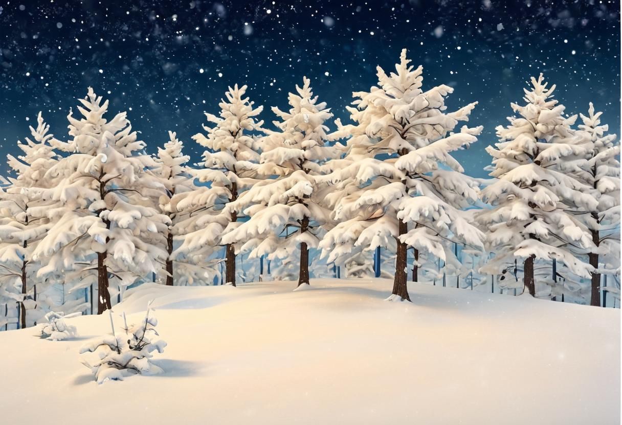Snowy Evergreens in Starry Surrealist Nightscape