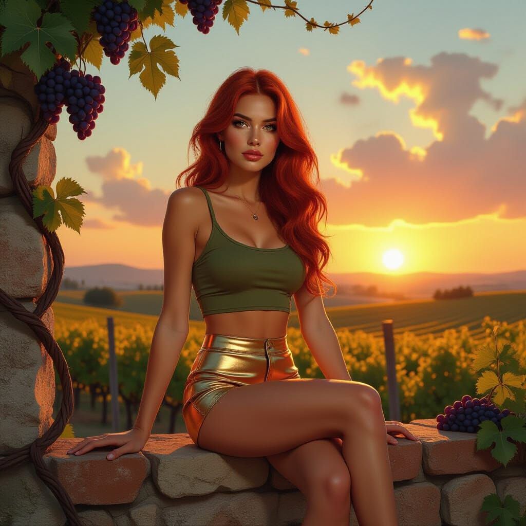 Surreal Vineyard with Red-Haired Woman in Golden Light