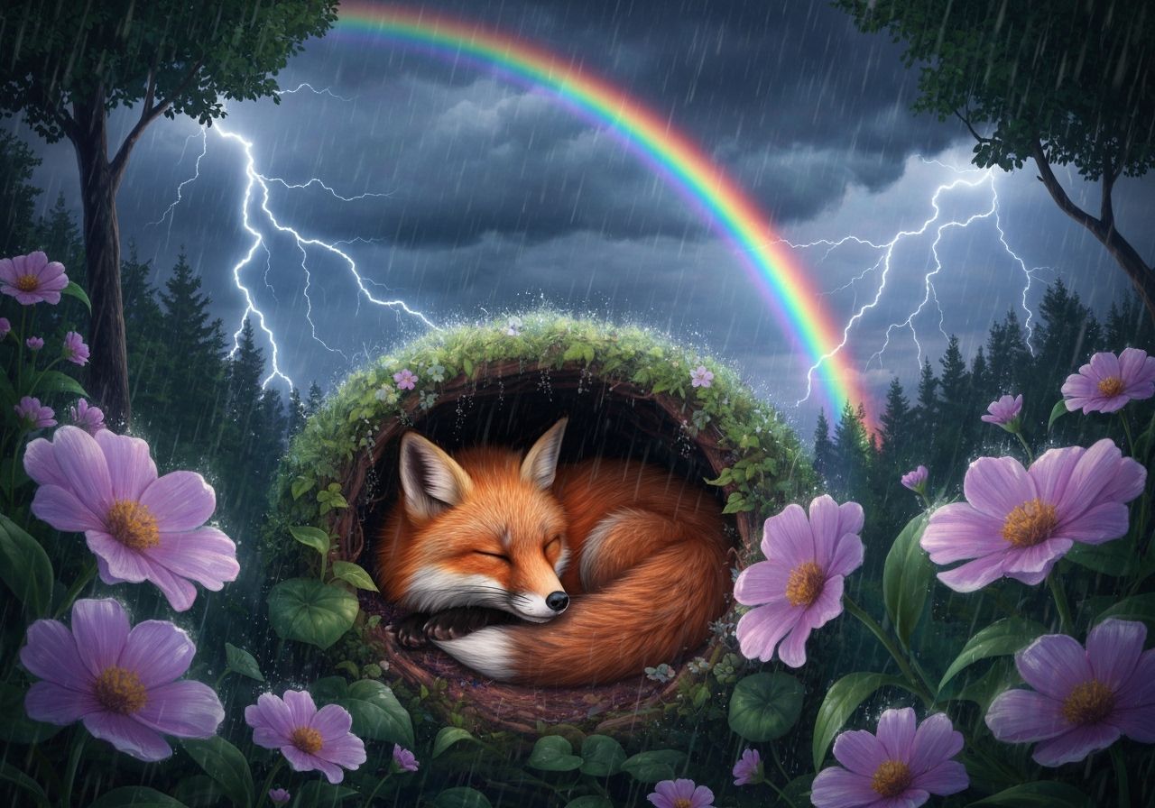 Red Fox Sleeping in Rainforest Thunderstorm: Photography