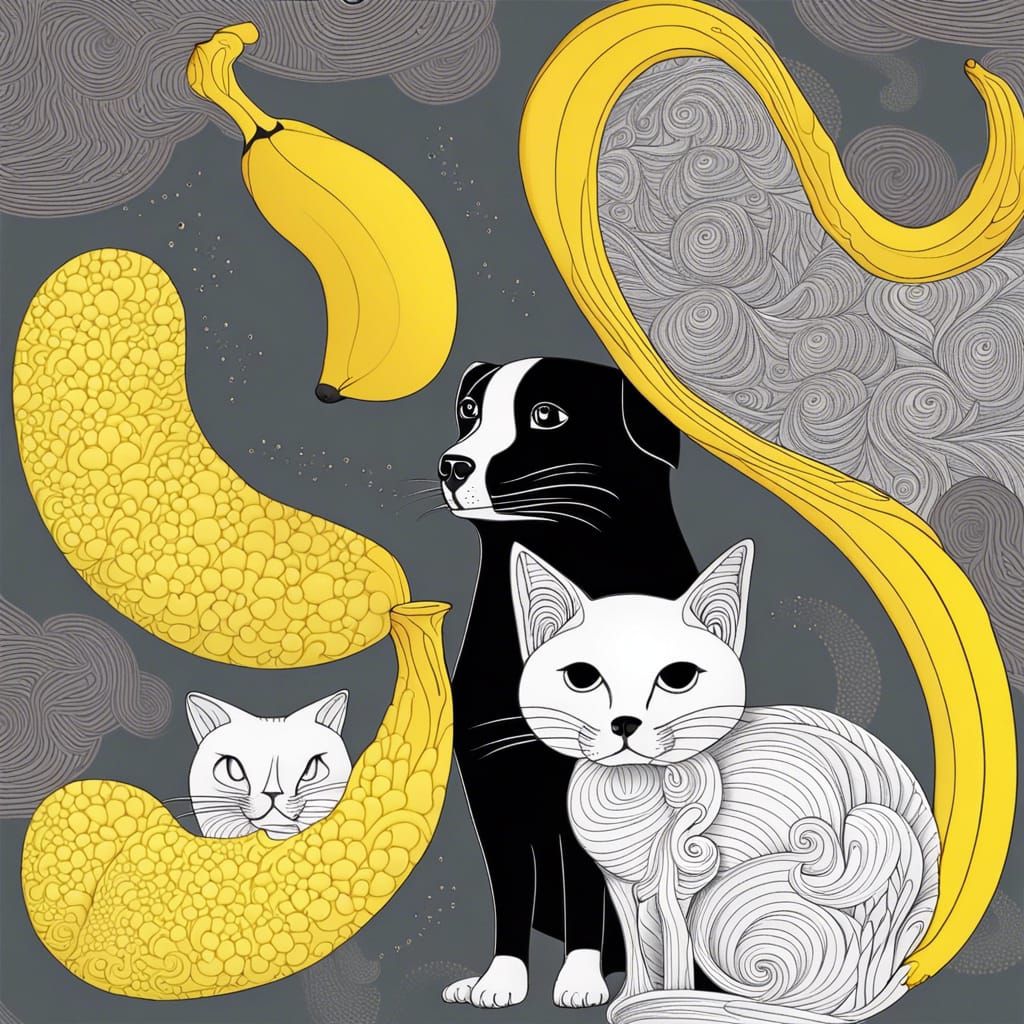 Dog with Banana and Cat in Abstract Style