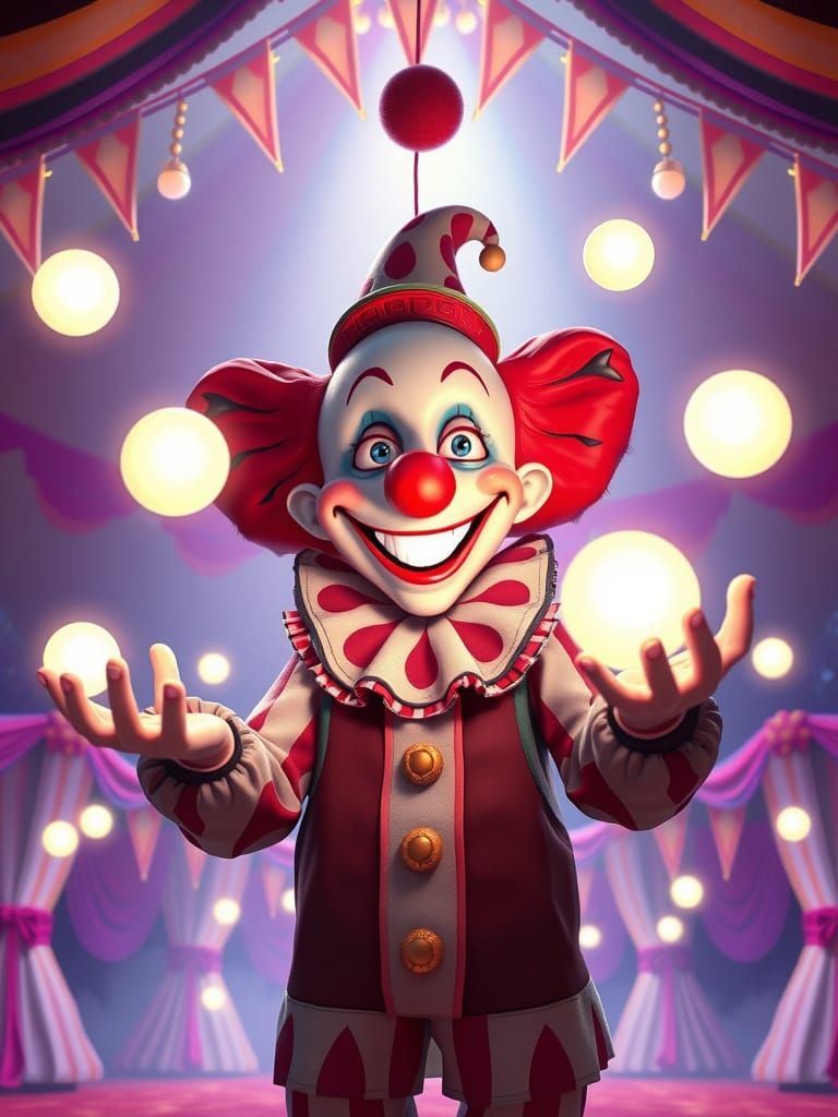Whimsical Clown Juggles Light Orbs in Dreamlike Circus