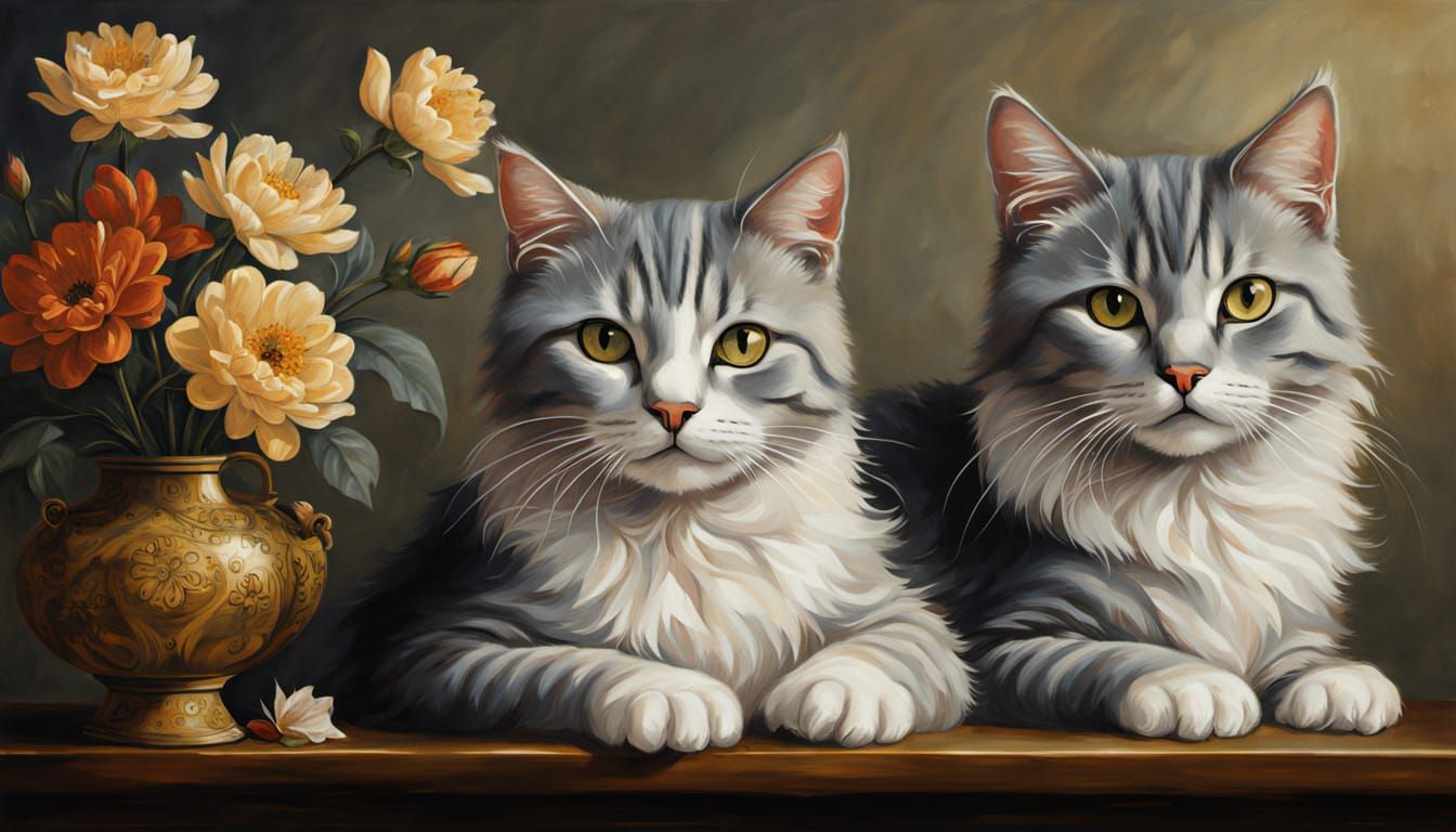 Felines in Elegant Harmony, Oil on Canvas Masterpiece