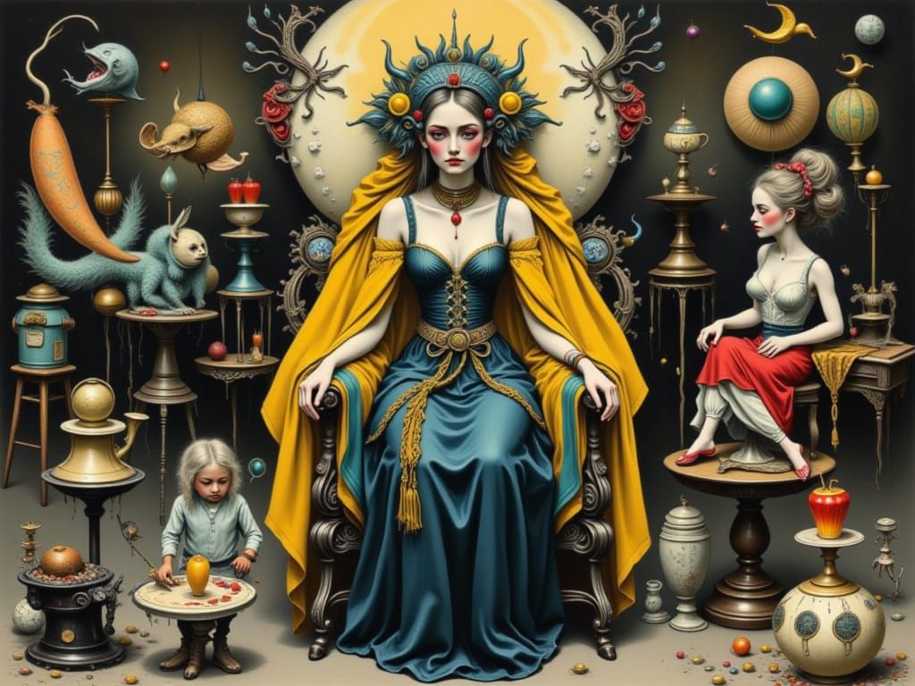 Regal Figure Enthroned with Mystical Objects