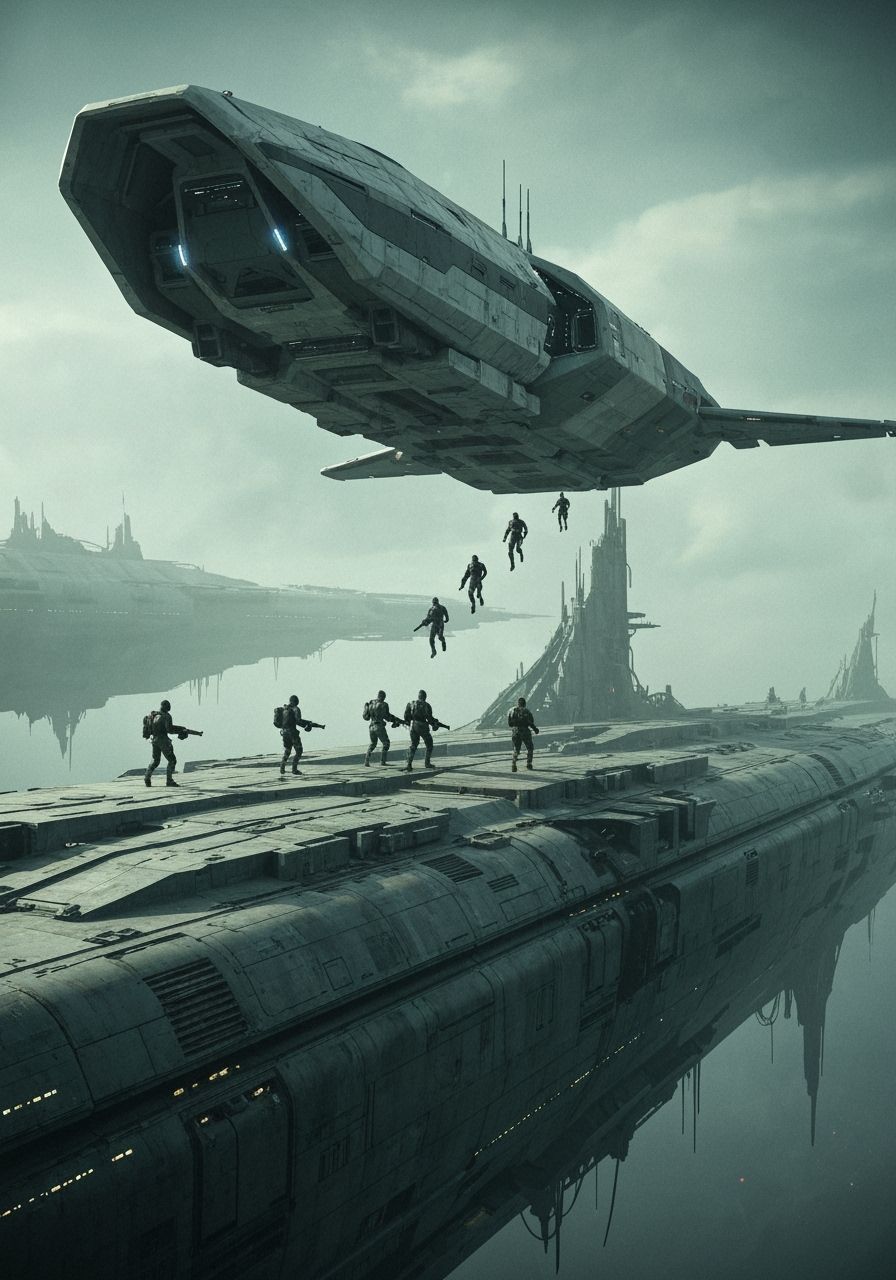 Soldiers Boarding Ancient Spaceship in Sci-Fi Art