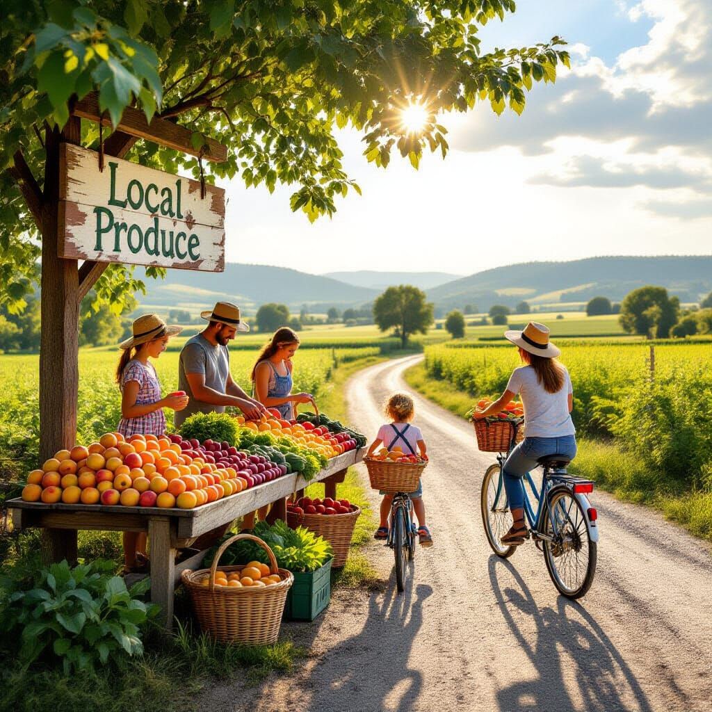Lively Farm Stand Scene with Families and Fresh Produce