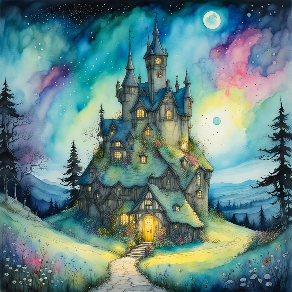 Colorful Eyrie in Tilted Fantasy Art Style