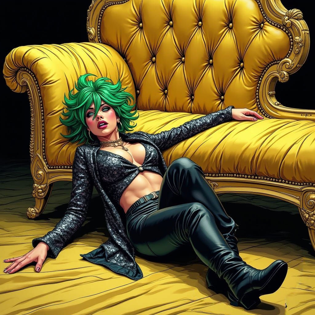 Trish Una in Pop Star Attire, Fallen on a Golden Chaise Long...