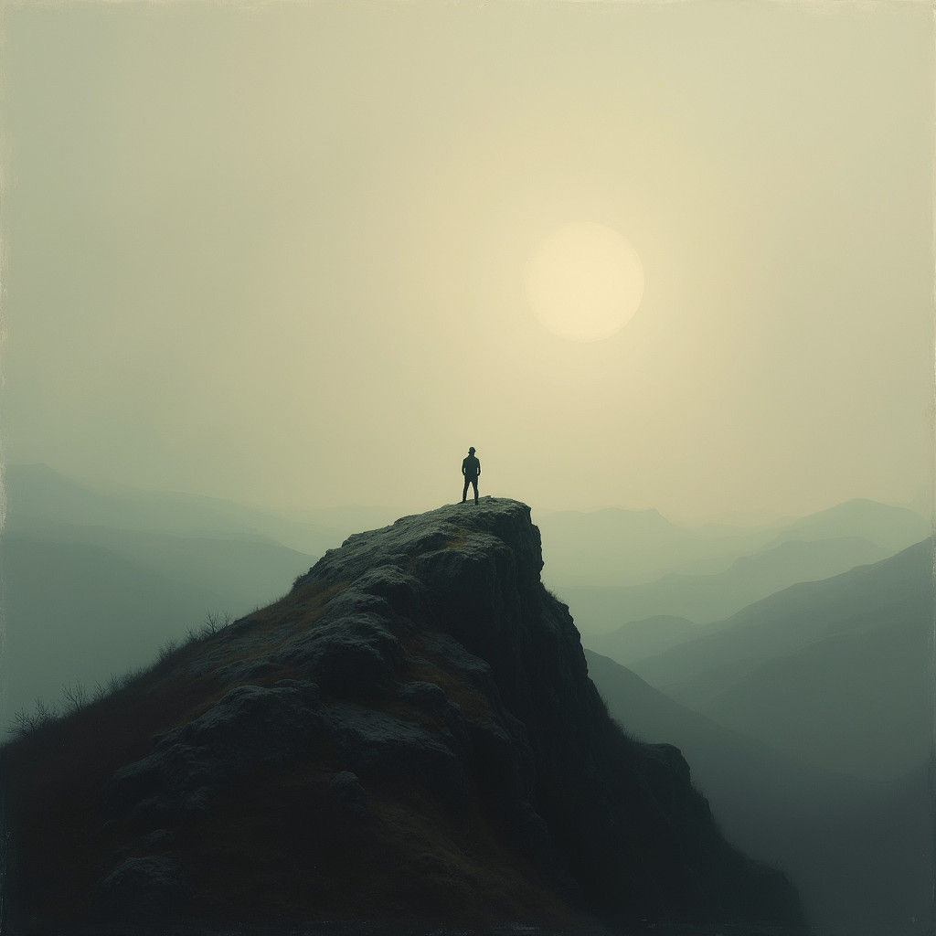 Contemplative Figure in Ethereal Mountain Landscape