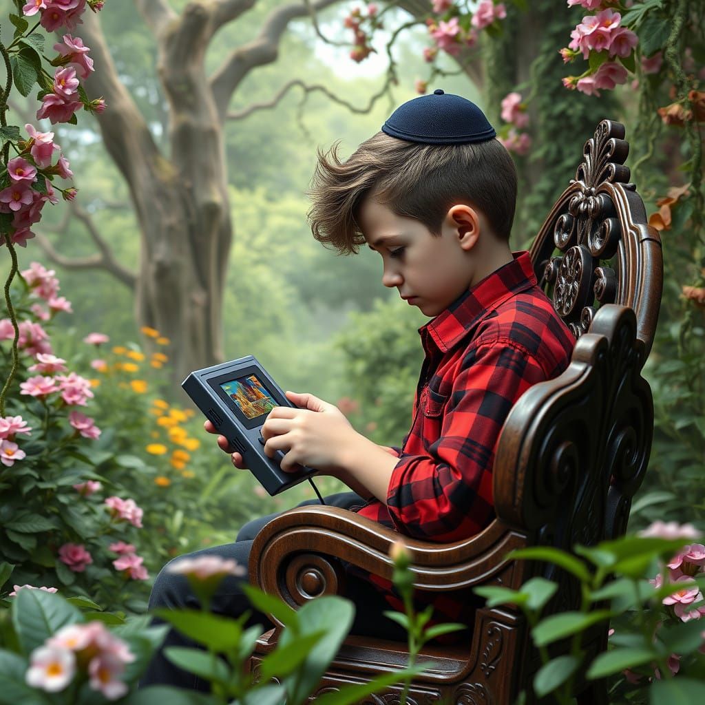 Chasidic Boy in Enchanted Garden, Lost in Fantasy World of H...