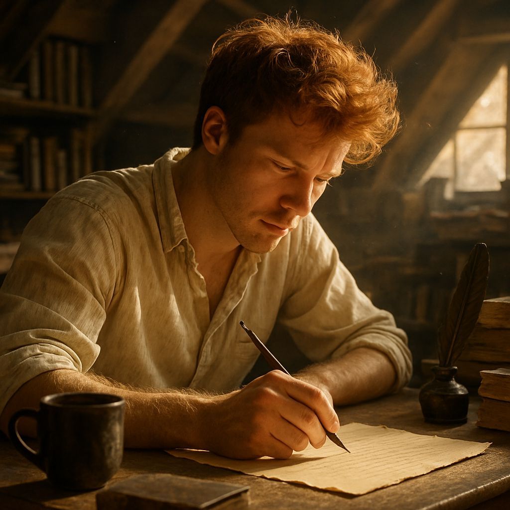 Young Writer Deep in Thought in Sunlit Attic