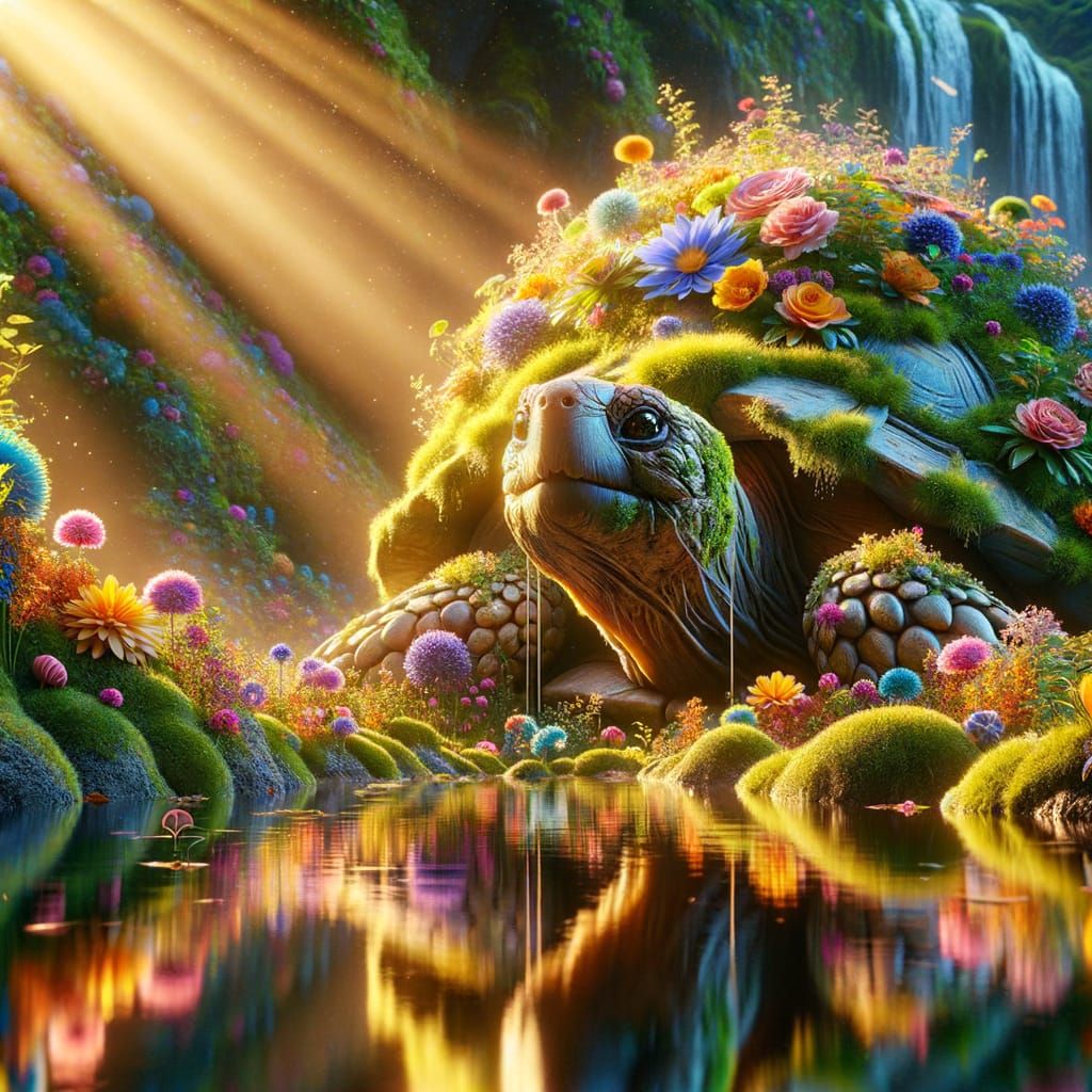 Hyperrealistic Tortoise Garden Pond Scene