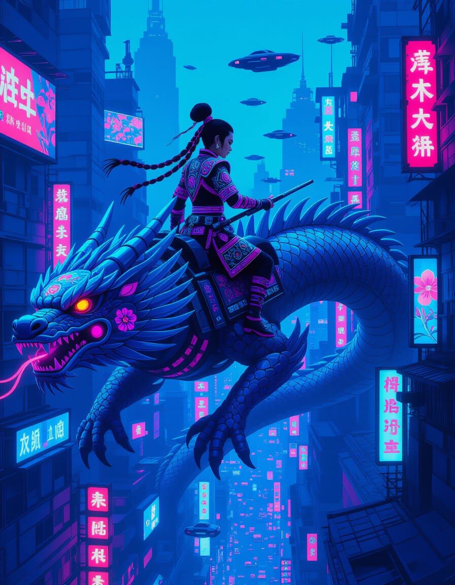 Imagine a Hmong warrior woman in a cyberpunk Hmong outfit, r...