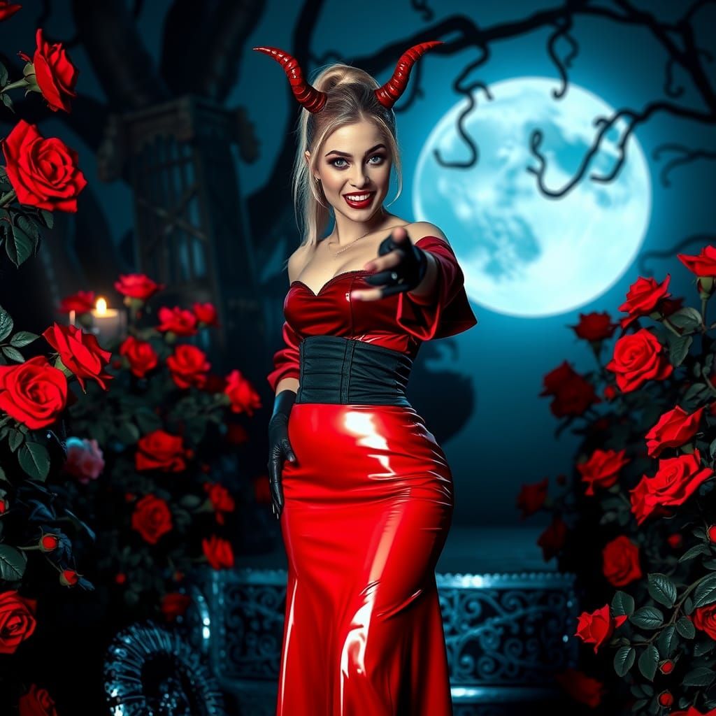 Vampire Devil Woman in Red Latex Dress