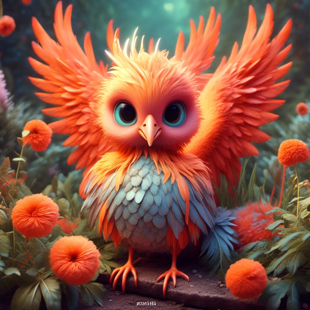 Whimsical Phoenix in Magical Garden: Watercolor Illustration