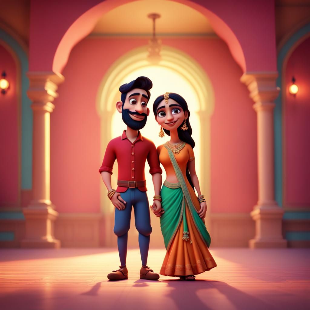 Romantic Punjabi Couple in Disney Pixar Style